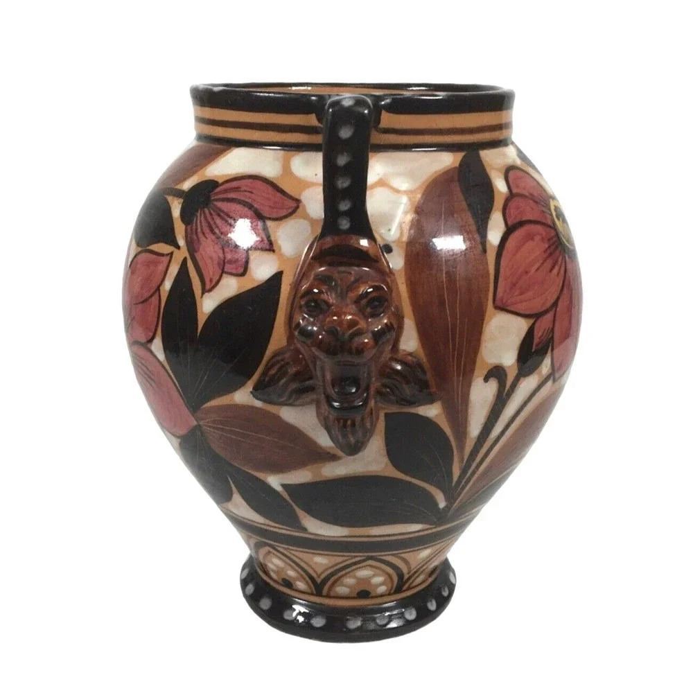 Lion Head Italian Vase Ceramic Glazed Double Handle Floral 7.5” Italy Signed